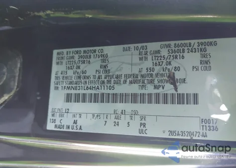 2004 Ford E-350 Super Duty Chateau/Xl/Xlt z USA, uszkodzony, nr VIN 1FMNE31L64HA11105